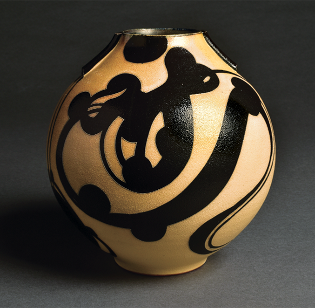 10 Vase form with handles, stoneware, slips, glaze, soda fired.