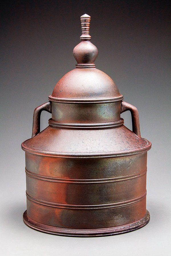 11 Domical jar with buttress handles, 12 in. (30 cm) in height, stoneware, Cedar Heights Redart slip, wood fired to cone 11, reduction cooled, 2020. 