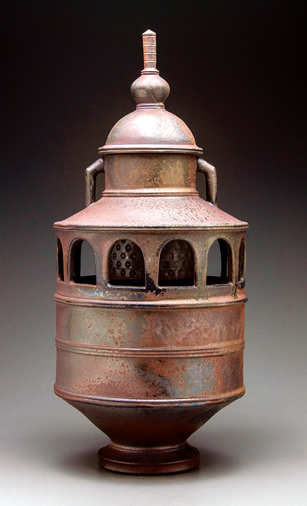 6 Domical jar with buttress handles, 16 in. (41 cm) in height, stoneware, laterite slip, wood fired to cone 11, reduction cooled, 2019.