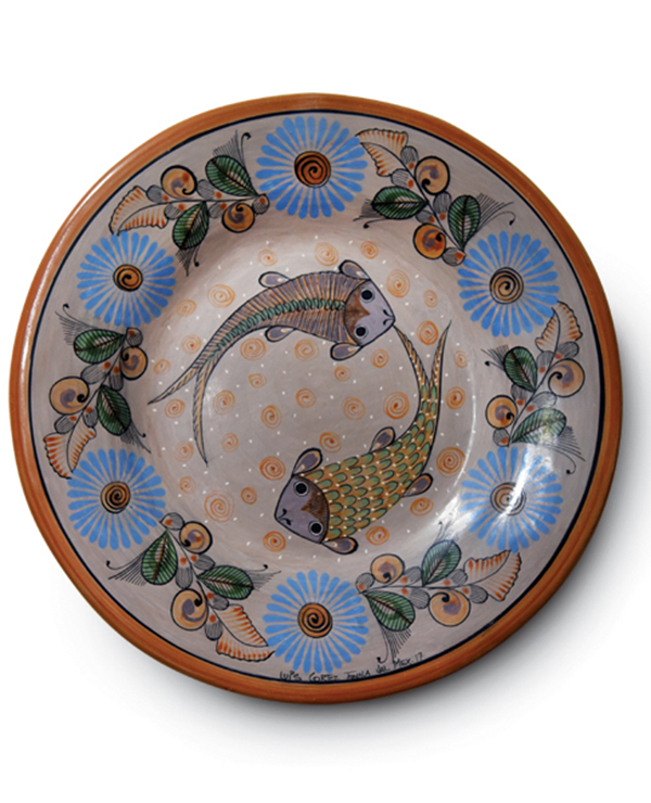 2 Plate, 12 in. (30 cm) in diameter, local clay and slip, colorants, stains, burnishing. 