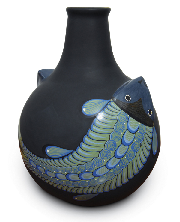 3 Black vase with burnished fish design, 16 in. (41 cm) in height, local clay and slip, colorants, stains, burnishing. Photos: Richard Burkett and Joe Molinaro.