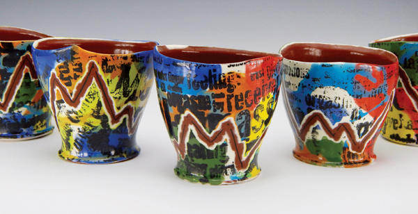 2 Anything But Cups, 3 in. (8 cm), wheel-thrown terra cotta, slip, underglazes, glaze, fired to cone 03, 2015. 