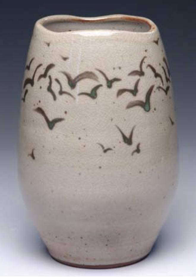 Eggy Vase, 15 in. (38 cm) in height, John’s Shino with decoration using Amaco Velvet underglaze, gas fired in reduction to cone 6, by Erik Haagensen.