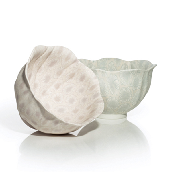 2 Eiko Maeda’s bowls, 6 in. (15 cm) in diameter (each), handbuilt nerikomi colored porcelain, fired to cone 10 in an electric kiln.