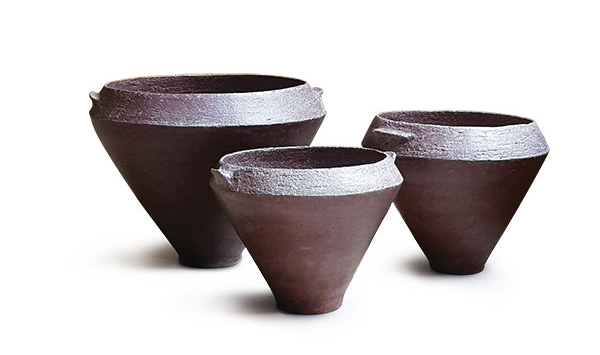 8 Coil-built bowls, to 8 in. (21 cm) in diameter, red stoneware, terra sigillata, 2021.