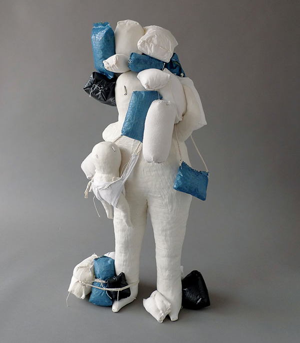 1 Elsa Alayse’s Baluchons nr 39.i, 22 in. (56 cm) in height, paper porcelain, fabric, sail cloth, plastic, wire, cord. 
