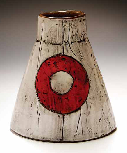 7 Red and White Oval Vase, 5 in. (13 cm) in height, dark-brown stoneware with monoprint slip transfer, fired to cone 5 in oxidation, 2022. 