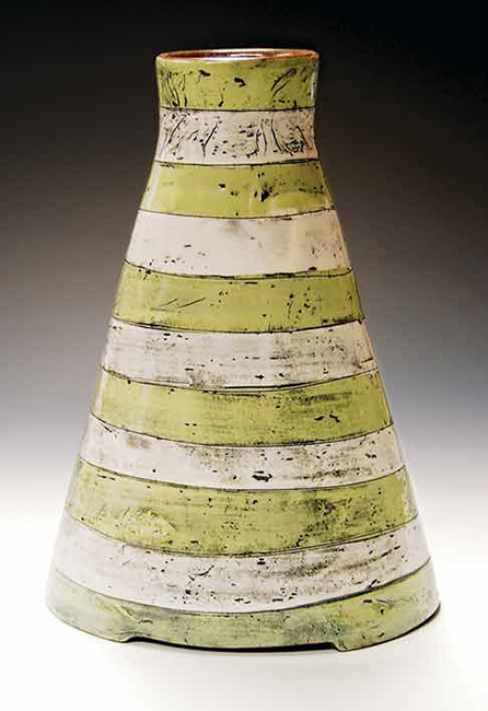 2 Green and White Striped Oval Vase, 10½ in. (27 cm) in height, dark-brown stoneware with monoprint slip transfer, fired to cone 5 in oxidation, 2022. 