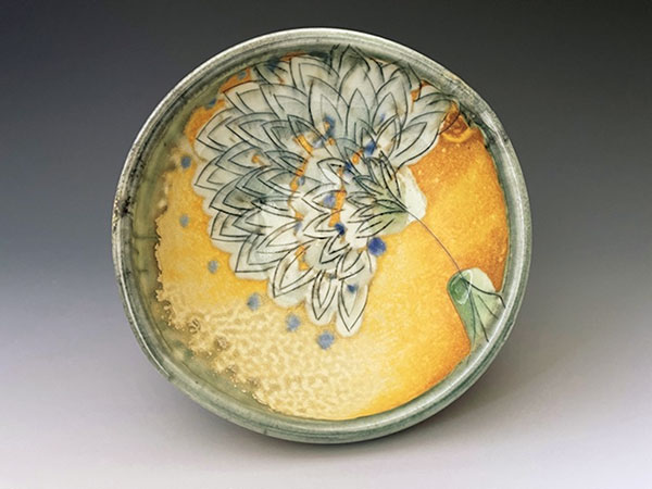 2 Nancy Barbour’s Ying Yang Ferns, 6 in. (15 cm) in width, cone-10 porcelain, slightly altered, inlaid stains, fired in a gas kiln in reduction, 2021. 
