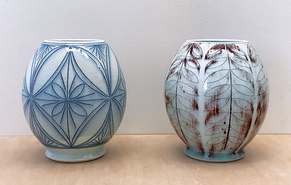 1 Steven Young Lee’s vases, 9½ in. (24 cm) in height, wheel-thrown porcelain, cobalt and copper inlay, fired to cone 10 in reduction, 2020. 