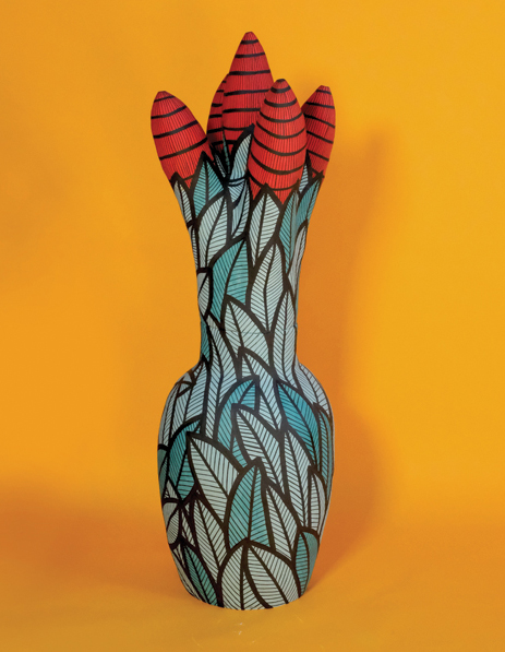 1 Ariana Heinzman’s Sprouting Vessel in Turquoise Leaves and Red Horsetails, stoneware, underglaze, 2022.