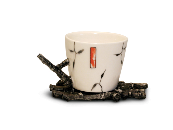 6 Mindy Andrews’ twig espresso cup and saucer, 4 in. (10 cm) in length, hand-painted porcelain, 2015.