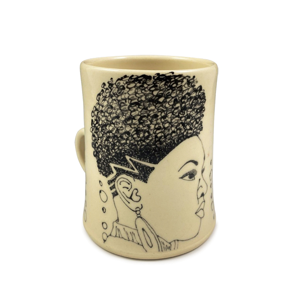 4 Michelle Ettrick’s Fresh Mug, 5 in. (13 cm) in height, wheel-thrown stoneware, hand-drawn image, fired to cone 6, 2022.