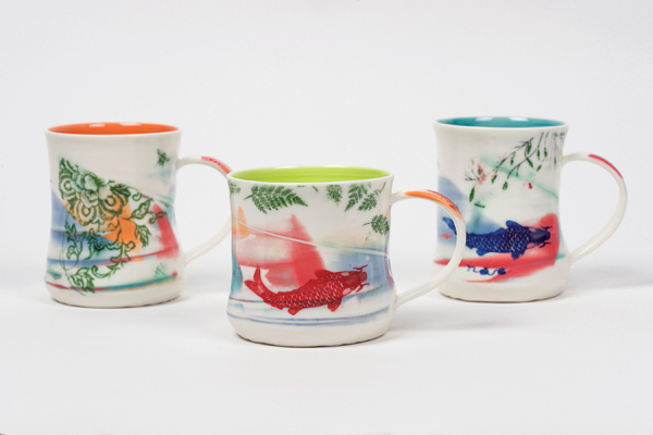 6 Helen Harrison Ceramics’ cups, 4 in. (10 cm) in diameter, porcelain. 