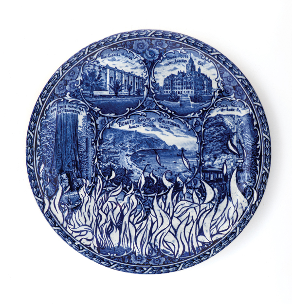 1 Paul Scott’s California Wildfires, 2019, partially erased “Beauty Spots of California” souvenir plate altered with in-glaze screen-printed decals. Copyright Paul Scott. 