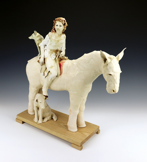 1 Cary Weigand’s Alice and her horse rose, 22 in. (56 cm) in height, handbuilt cone-6 Hagi porcelain, stains, glazes, fired in an electric kiln, oil paint, acrylic paint, wood base, 2022. Photo: Radius Gallery. 