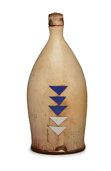 2 Tom Jaszczak’s bottle, 11 in. (28 cm) in height, wheel-thrown red earthenware, slips, soda fired to cone 2. 