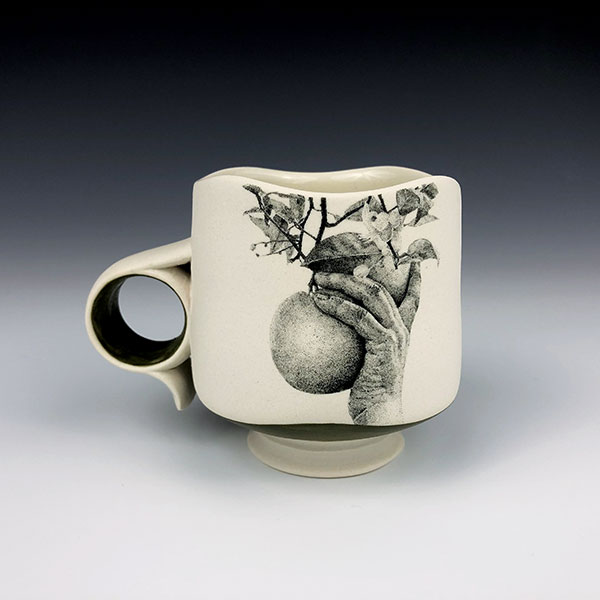 9 Honoring the Fruit Picker Mug #1, 4½ in. (11 cm) in length, porcelain and hand-painted underglaze, 2021.