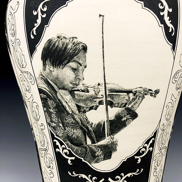 6 Honoring Textile Labor (Embroidered Mariachi Suit) (detail), 23 in. (58 cm) in height, porcelain and hand-painted underglaze, 2020.