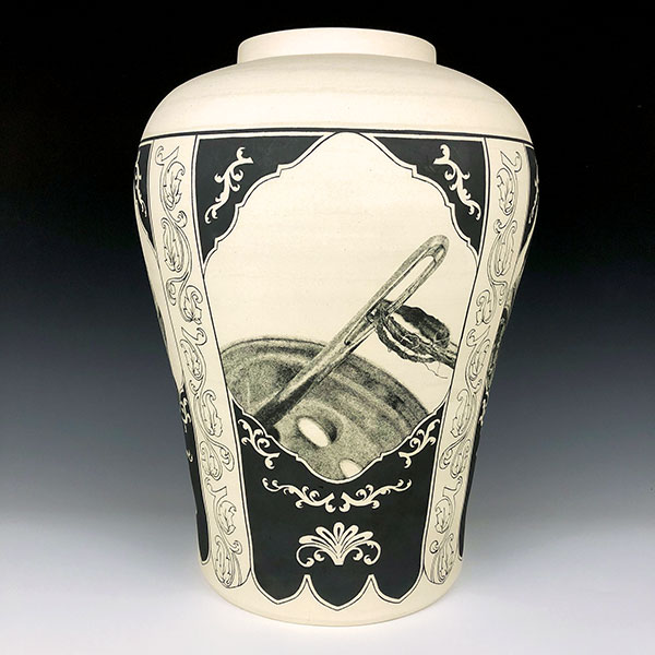 5 Honoring Textile Labor (Needle), 23 in. (58 cm) in height, porcelain and hand-painted underglaze, 2020. 