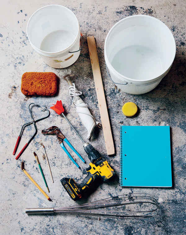 1 If you are just starting out, there are several types of tools that you will need while glazing, including buckets, tongs, various brushes, a notebook, sponges, stirrers, and mixing equipment.