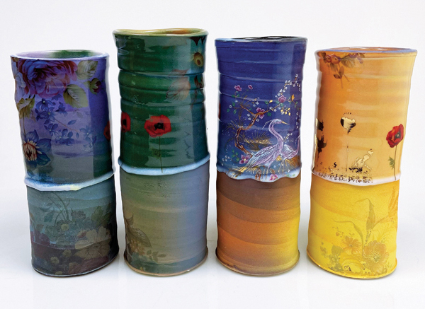 9 Justin Rothshank and Steph Galli’s vases, 11 in. (28 cm) in height, wheel-thrown porcelain, underglaze, glaze, 2020–2021. 