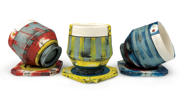 2 Gabriel Poucher’s Spacetrash Wine Set, 4 in. (10 cm) in diameter (each), porcelain, underglaze, fired to cone 6 in an electric kiln, 2022.