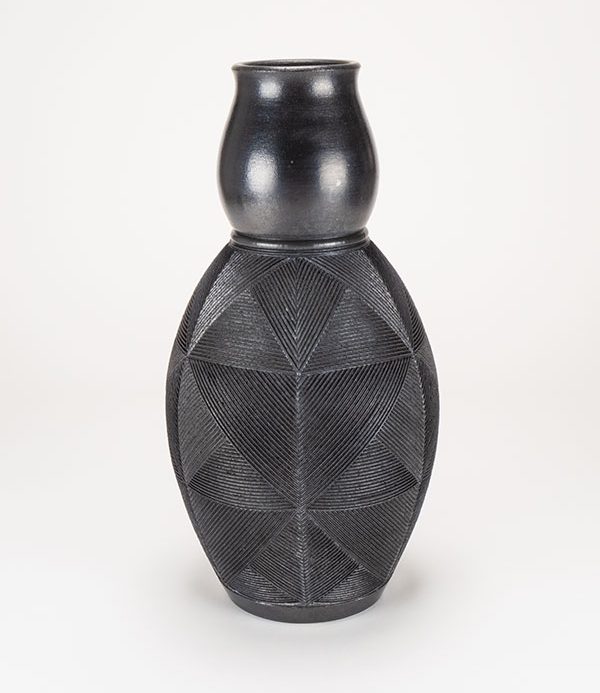 6 Double gourd vase, 14 in. (36 cm) in height, stoneware, terra sigillata, raku fired.