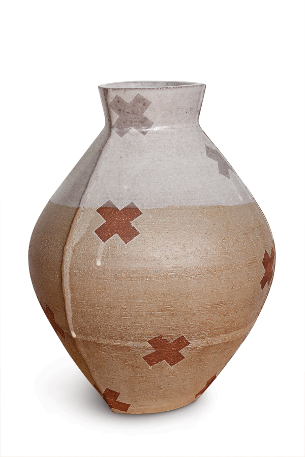 Jar, 9½ in. (24 cm) in height, mid-range red stoneware, thrown and darted, tape-resist pattern with vitreous slip, glaze fired to cone 6 in an electric kiln.