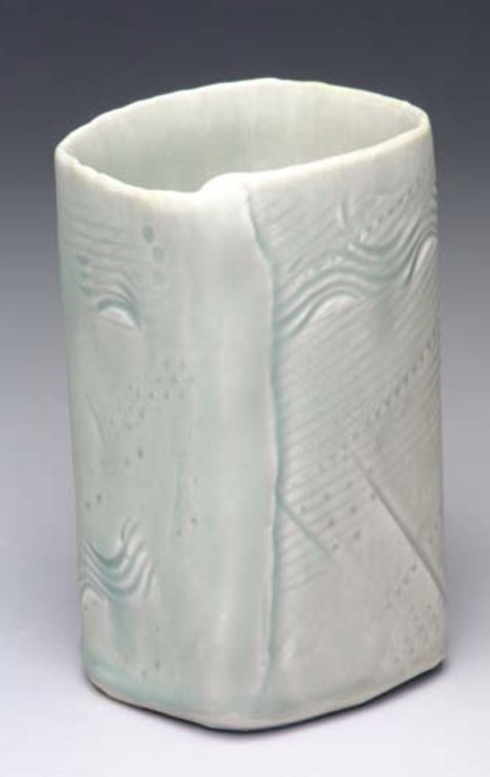 Handbuilt vase. 8 in. (20 cm) in height, porcelain with Mint Julep Glaze, gas fired in reduction to cone 6, by Melissa Keen-Boggan.
