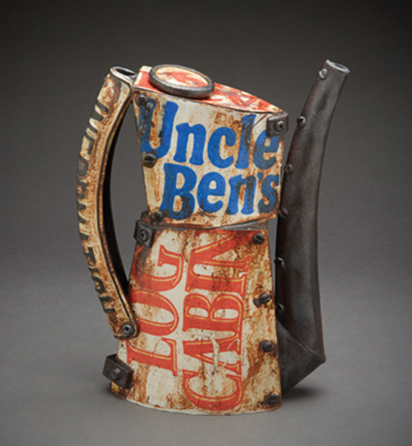 7 Uncle Ben’s Log Cabin (alternate view), 12½ in. (32 cm) in height, handbuilt stoneware, glazes, underglazes, oxides, washes, fired to cone 8 in oxidation.