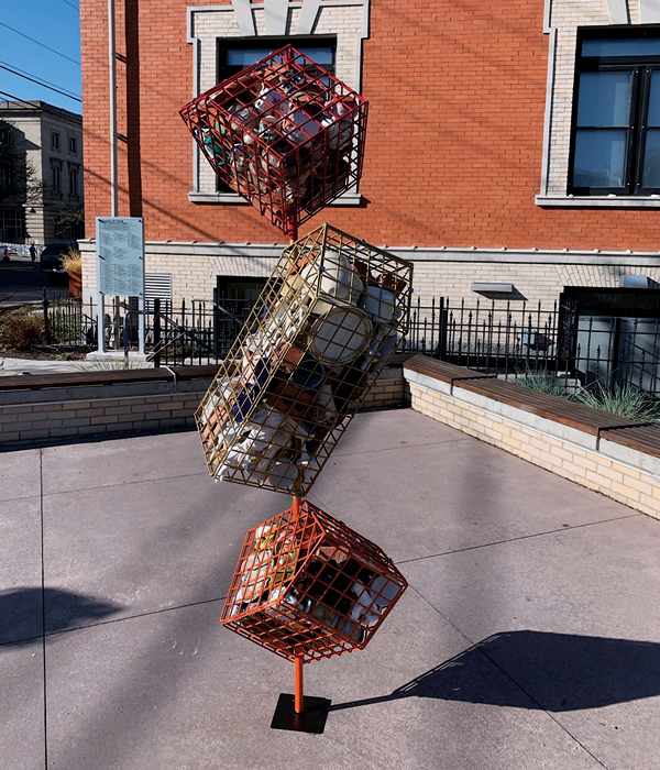 2 Fall House Stack, powder-coated steel-mesh forms, with reclaimed brick, recycled porcelain, river rock, 2021.