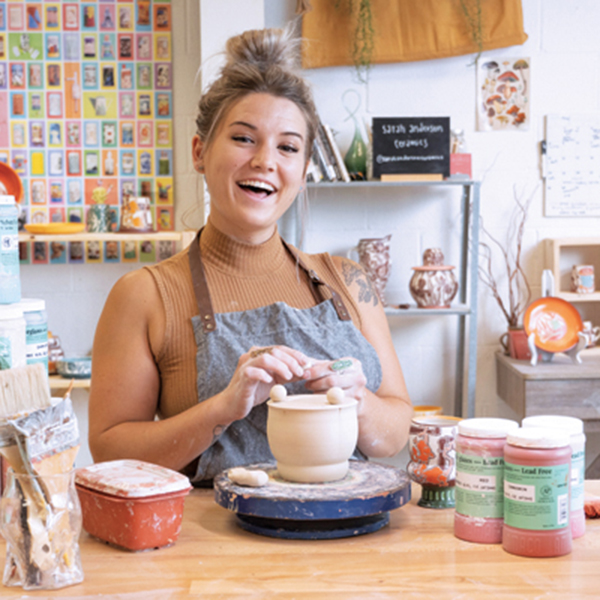 Sarah Anderson working in her studio in Indianapolis, Indiana.