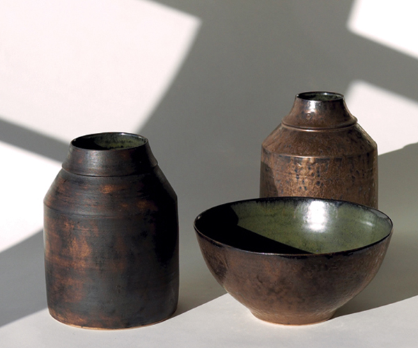 2 Three vessels, to 10 in. (25 cm) in width, stoneware, various glazes, 2022. 