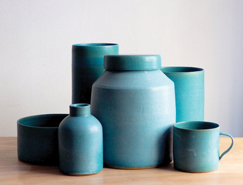 4 Vessels, to 9½ in. (24 cm) in height, stoneware, blue glaze, 2021. 