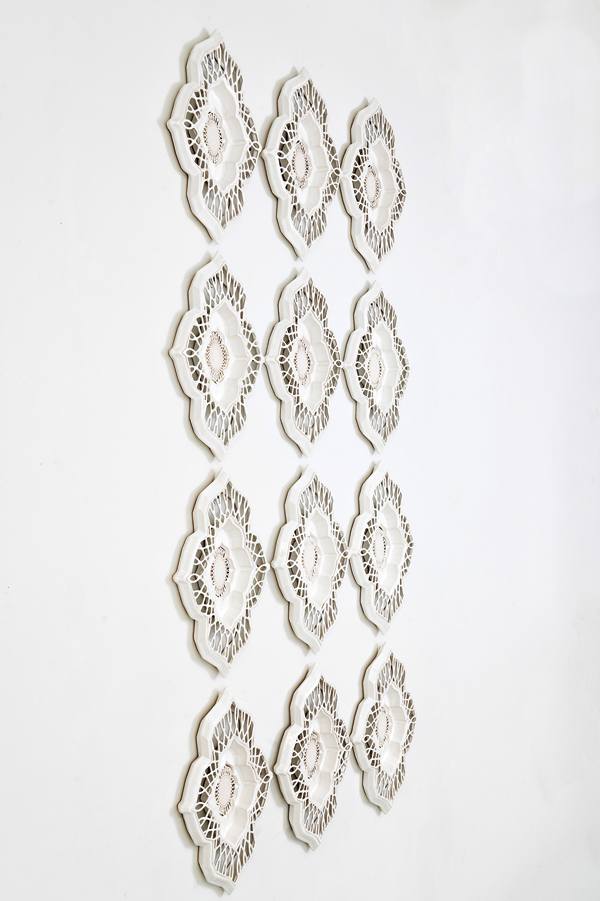 5 Eliza Au’s Raised Tile, 5 ft. 5 in. (1.7 m) in height, stoneware, porcelain, 2021. Photo: Megan DeSoto. 