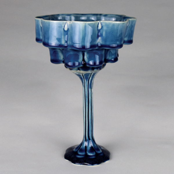 Cocktail cup, to 8½ in. (22 cm) in height, slab-built porcelain, glaze, fired to cone 6 in an electric kiln, epoxy, 2021.