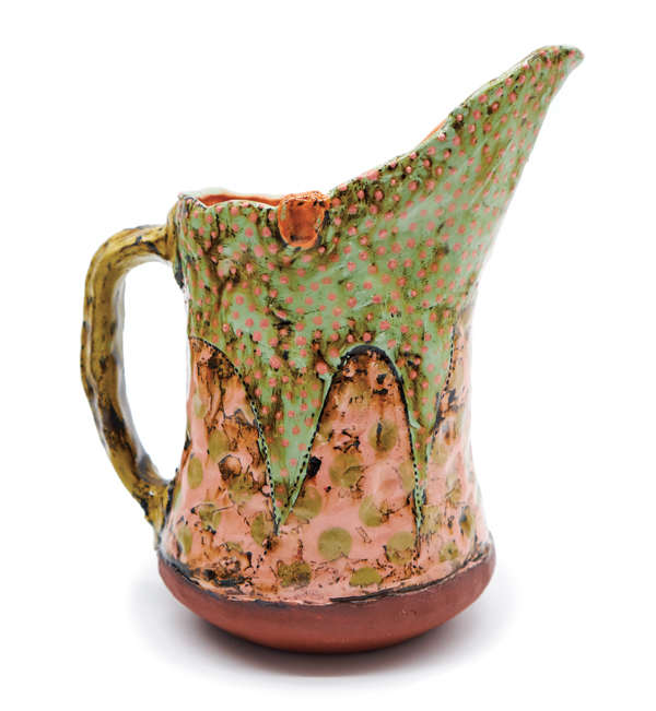 Jug, to 8 in.  (20 cm) in height, terra cotta, colored slips, paper transfers. Photo: Sadhbh Kerrigan, edited by Andrew Beardsworth.