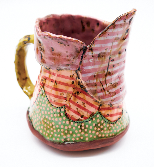 Jug,12 in. (30 cm) in height, terra cotta, colored slips, paper transfers. Photo: Sadhbh Kerrigan, edited by Andrew Beardsworth.