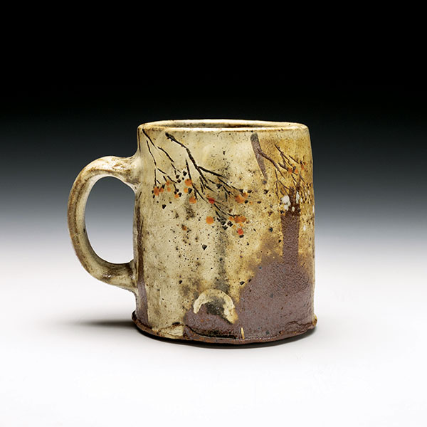 2 Mug, 41/2 in. (11 cm) in length, wheel-thrown stoneware, white slip, clear and multiple colored glazes, reduction fired to cone 10 in a gas kiln.