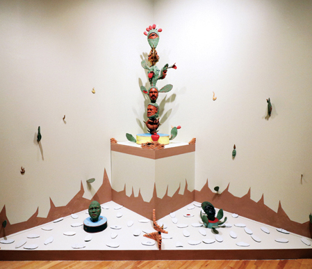 9 La resistencia de los nopales híbridos (The Resistance of Hybrid Cacti), 8 ft. (2.4 m) in height, terra cotta, porcelain, underglazes, gold luster, terra-cotta slip, 2016.