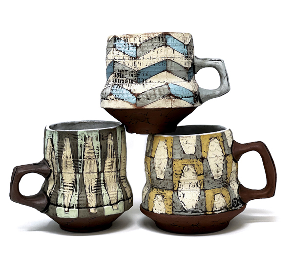 6 Mugs, to 5 in. (13 cm) in height, red clay, colored terra sigillata, underglaze, glaze, fired in an electric kiln to cone 4.