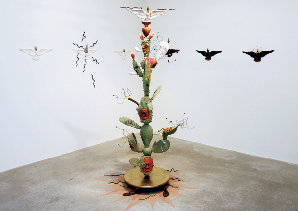 7 La resistencia de los nopales híbridos (The resistance of hybrid cacti) series, 8 ft. (2.4 m) in height, terra cotta, porcelain, underglazes, gold luster, terra-cotta slip, 2016. Photo: Jenna Bascom, courtesy the Museum of Arts and Design.