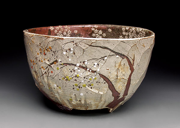 1 Bowl, 14 in. (36 cm) in length, wheel-thrown and altered stoneware, white slip, inlay, clear and multiple colored glazes, reduction fired to cone 10 in a gas kiln.