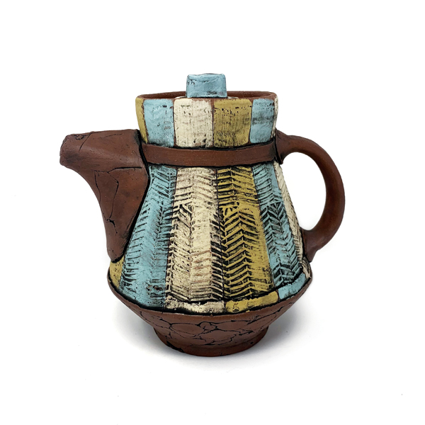 7 Teapot, 8 in. (20 cm) in height, red clay, colored terra sigillata, underglaze, glaze, fired in an electric kiln to cone 4.