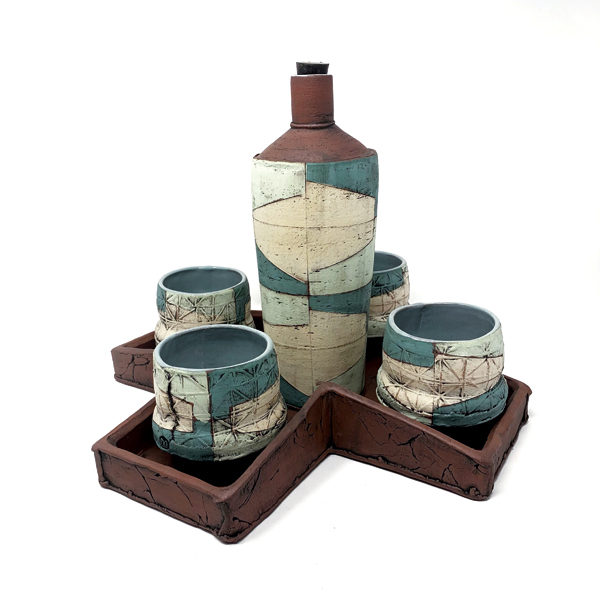5 Bottle set, to 14 in. (36 cm) in length, red clay, colored terra sigillata, underglaze, glaze, fired in an electric kiln to cone 4.