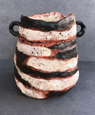 4 Bowl, 6 in. (15 cm) in height, coil-built red clay, underglaze, clear glaze, fired to cone 05, 2022. Photos: Hüma Önal.  