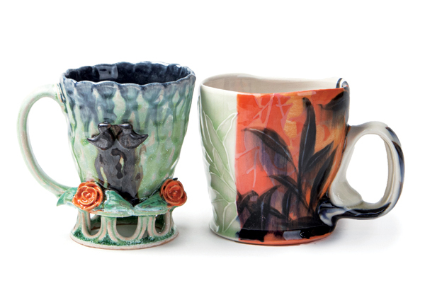 1 Left: PJ Hargraves’ mug, 5 in. (13 cm) in height, cone-6 porcelain, underglazes, glazes. Right: Taylor Sijan’s mug, 5 in. (13 cm) in height, cone-6 porcelain, slip trailed, water etched, glazes, underglazes, fired to cone 6 in oxidation. Photo: Silvia Palmer. 