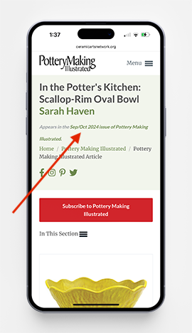 On Ceramics Monthly and Pottery Making Illustrated article pages, there are two ways to return to the issue table of contents: click the 'Appears in' link under the article title, or click the issue cover image.