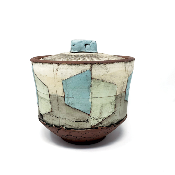 1 Mark Arnold’s jar, red clay, colored terra sigillata, underglaze, glaze, fired in a electric kiln to cone 4. 